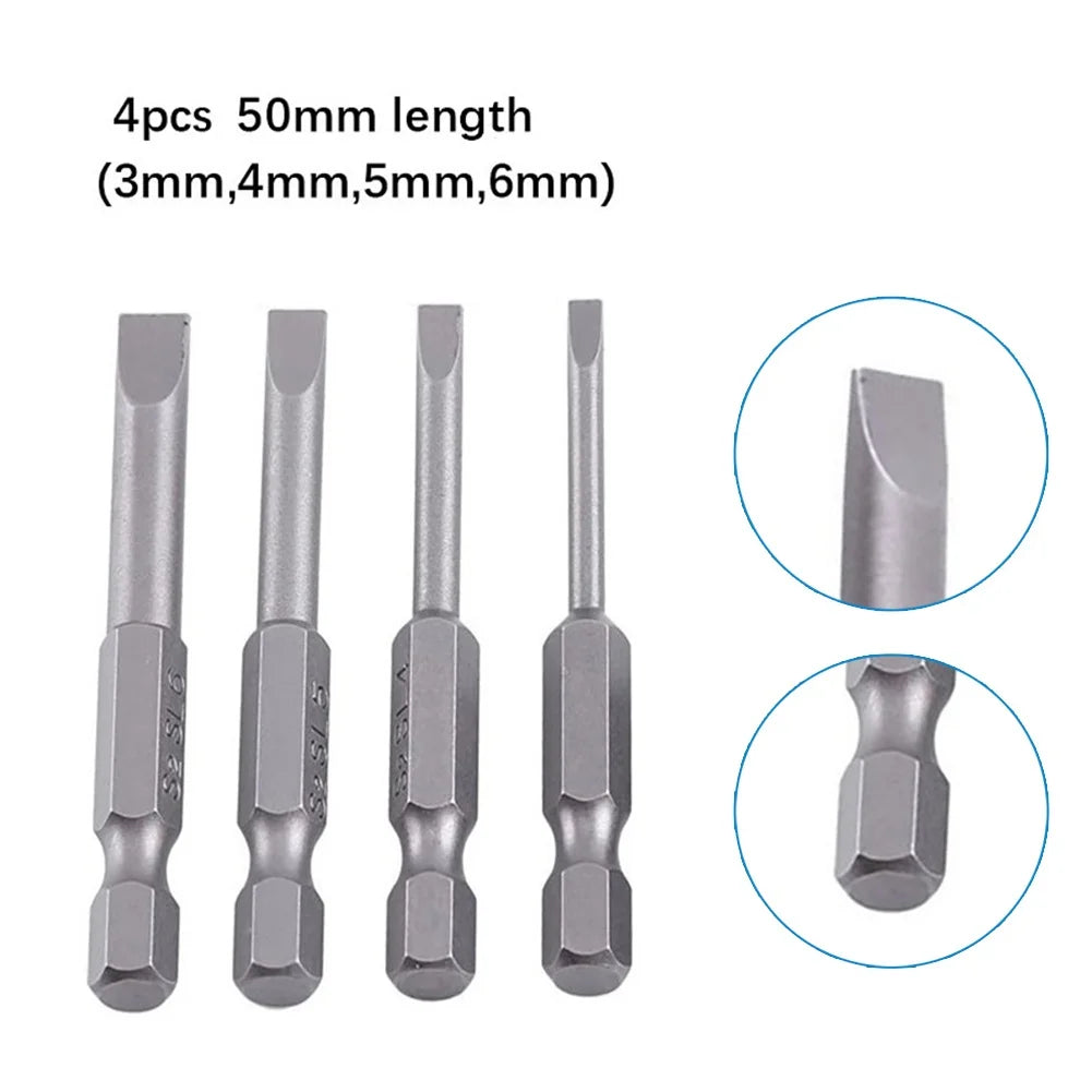 4Pcs Flat Head Screwdriver Bits 50Mm Long Magnetic Tip Slotted Screwdriver Bits 3-6Mms2 Steel 1/4 Inch Shank Flat Head Bits