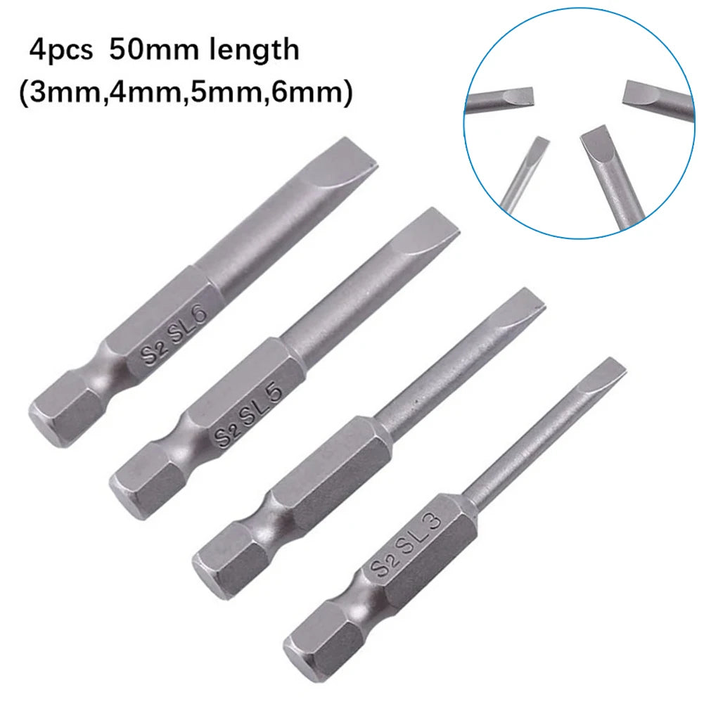 4Pcs Flat Head Screwdriver Bits 50Mm Long Magnetic Tip Slotted Screwdriver Bits 3-6Mms2 Steel 1/4 Inch Shank Flat Head Bits
