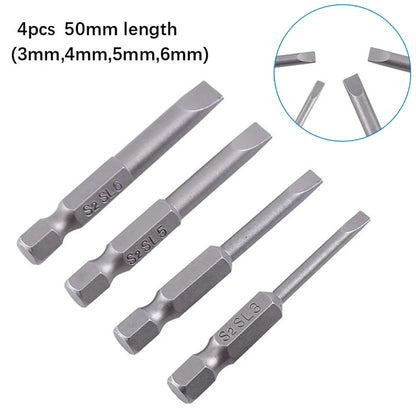 4Pcs Flat Head Screwdriver Bits 50Mm Long Magnetic Tip Slotted Screwdriver Bits 3-6Mms2 Steel 1/4 Inch Shank Flat Head Bits