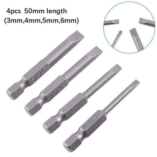 4Pcs Flat Head Screwdriver Bits 50Mm Long Magnetic Tip Slotted Screwdriver Bits 3-6Mms2 Steel 1/4 Inch Shank Flat Head Bits